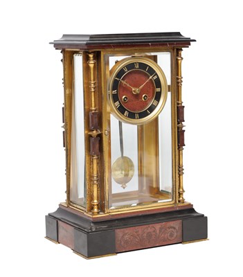 Lot 1252 - A LARGE 19TH CENTURY FRENCH ORMOLU AND BLACK AND ROUGE MARBLE FOUR-GLASS MANTEL CLOCK