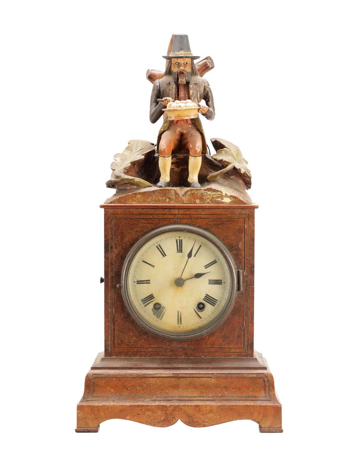 Lot 1321 - A RARE 19TH CENTURY BLACK FOREST FIGURED WALNUT AUTOMATON "DUMPLING EATER" MANTEL CLOCK