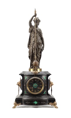 Lot 1198 - A LATE 19TH CENTURY FRENCH PATINATED BRONZE AND BLACK MARBLE FIGURAL CONICAL MYSTERY CLOCK