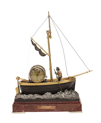Lot 1205 - A.R. GUILMET, A LATE 19TH CENTURY FRENCH PATINATED AND GILT BRONZE INDUSTRIAL "OARSMAN" AUTOMATON CLOCK ON ROUGE MARBLE BASE