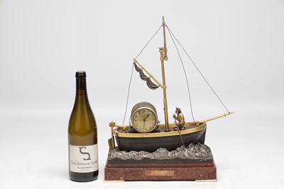 Lot 1205 - A.R. GUILMET, A LATE 19TH CENTURY FRENCH PATINATED AND GILT BRONZE INDUSTRIAL "OARSMAN" AUTOMATON CLOCK ON ROUGE MARBLE BASE
