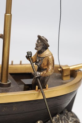 Lot 1205 - A.R. GUILMET, A LATE 19TH CENTURY FRENCH PATINATED AND GILT BRONZE INDUSTRIAL "OARSMAN" AUTOMATON CLOCK ON ROUGE MARBLE BASE