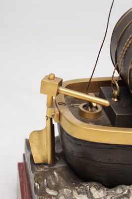 Lot 1205 - A.R. GUILMET, A LATE 19TH CENTURY FRENCH PATINATED AND GILT BRONZE INDUSTRIAL "OARSMAN" AUTOMATON CLOCK ON ROUGE MARBLE BASE
