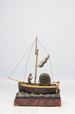 Lot 1205 - A.R. GUILMET, A LATE 19TH CENTURY FRENCH PATINATED AND GILT BRONZE INDUSTRIAL "OARSMAN" AUTOMATON CLOCK ON ROUGE MARBLE BASE