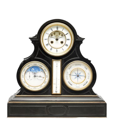 Lot 1201 - A LATE 19TH CENTURY BLACK MARBLE PERPETUAL CALENDAR MOONPHASE MANTEL CLOCK