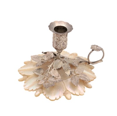 Lot 36 - A 20TH CENTURY SILVER AND MOTHER OF PEARL CHAMBERSTICK