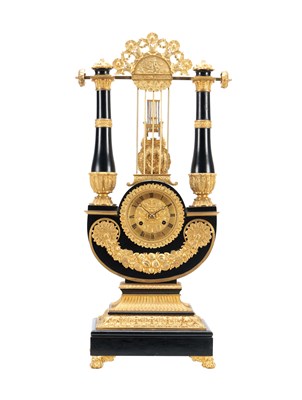 Lot 1263 - B. FRANCASTEL, PARIS. A MID 19TH CENTURY FRENCH LYRE SHAPED ORMOLU MOUNTED EBONISED MANTEL CLOCK