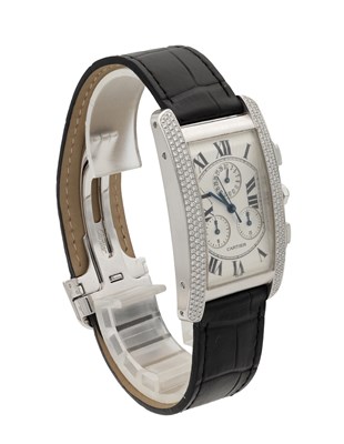 Lot 458 - A GENTLEMAN'S LARGE MODEL 18CT WHITE GOLD AND DIAMOND CARTIER TANK AMERICAINE CHRONOGRAPH WRIST WATCH