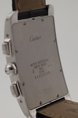 Lot 458 - A GENTLEMAN'S LARGE MODEL 18CT WHITE GOLD AND DIAMOND CARTIER TANK AMERICAINE CHRONOGRAPH WRIST WATCH