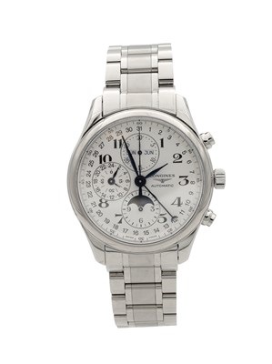 Lot 317 - A GENTLEMAN'S STEEL LONGINES MASTER COLLECTION TRIPLE CALENDAR MOONPHASE WRIST WATCH