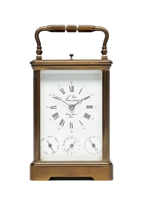 Lot 1247 - L'EPEE. A 20TH CENTURY FRENCH BRASS REPEATING CARRIAGE CLOCK WITH CALENDAR AND ALARM