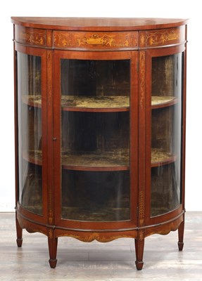 Lot 1641 - A 19TH CENTURY MAHOGANY AND MARQUETRY INLAID DEMI LUNE DISPLAY CABINET
