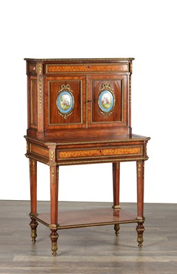 Lot 1495 - A LATE 19TH CENTURY FRENCH KINGWOOD AND PARQUETRY BONHEUR DU JOUR WITH ORMOLU MOUNTS AND SEVRES-STYLE PORCELAIN PLAQUES