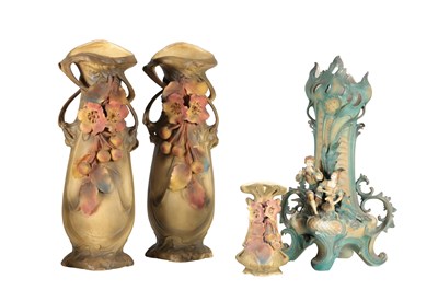 Lot 578 - A COLLECTION OF EARLY 20TH CENTURY ART NOUVEAU ROYAL DUX PORCELAIN VASES WITH A ROYAL DUX STYLE FIGURAL VASE