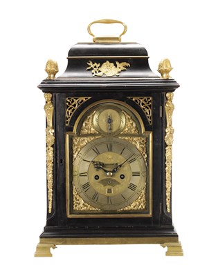 Lot 1364 - FRANCIS WELLS, LONDON. A GEORGE III ORMOLU MOUNTED EBONISED QUARTER REPEATING BRACKET CLOCK