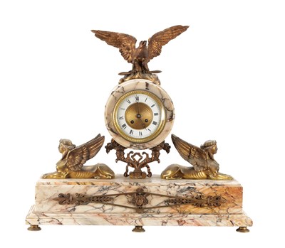 Lot 1190 - A LARGE 19TH CENTURY FRENCH VEINED MARBLE AND GILT BRONZE EGYPTIAN STYLE MANTEL CLOCK