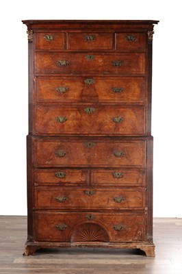 Lot 1688 - A GOOD EARLY 18TH CENTURY FIGURED WALNUT SECRETAIRE CHEST ON CHEST WITH STARBURST INLAID BASE