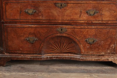 Lot 1688 - A GOOD EARLY 18TH CENTURY FIGURED WALNUT SECRETAIRE CHEST ON CHEST WITH STARBURST INLAID BASE