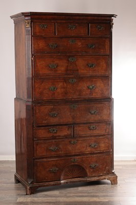 Lot 1688 - A GOOD EARLY 18TH CENTURY FIGURED WALNUT SECRETAIRE CHEST ON CHEST WITH STARBURST INLAID BASE