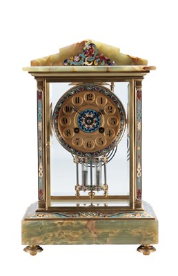 Lot 1178 - A LATE 19TH CENTURY FRENCH ONYX AND CHAMPLEVE ENAMEL FOUR GLASS MANTEL CLOCK