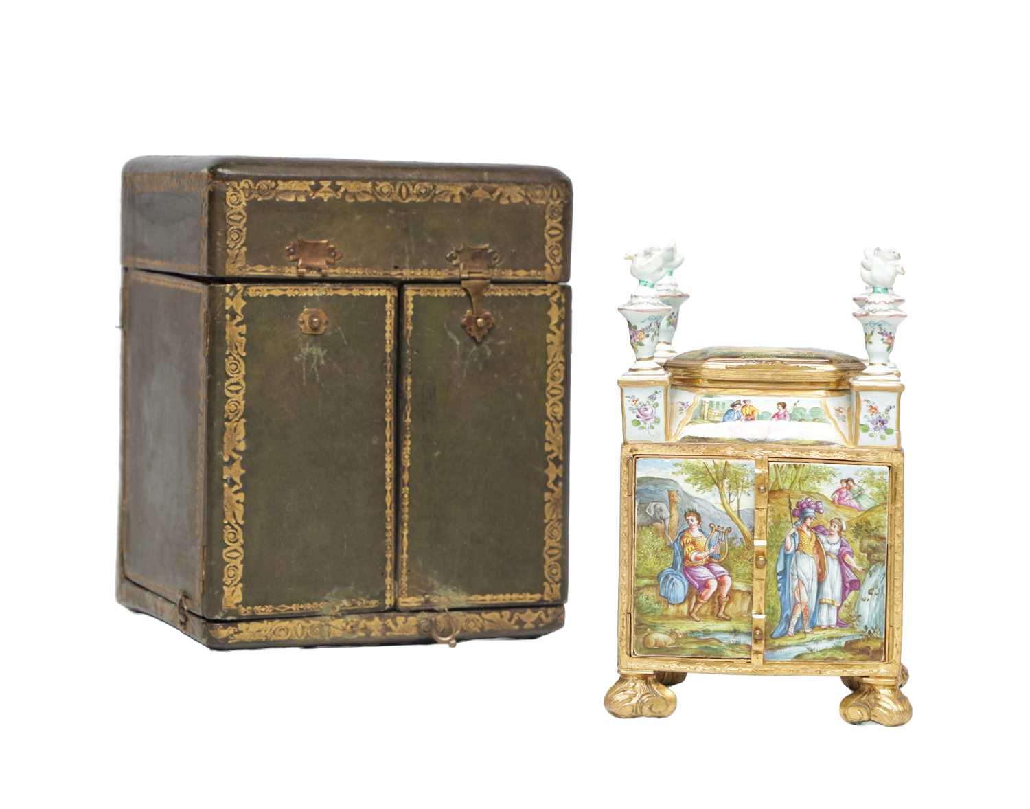 Lot 620 - A FINE AND RARE MID 19TH CENTURY VIENNESE ENAMEL AND ORMOLU MINIATURE CABINET IN ORIGINAL FITTED CASE