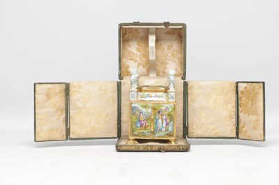 Lot 620 - A FINE AND RARE MID 19TH CENTURY VIENNESE ENAMEL AND ORMOLU MINIATURE CABINET IN ORIGINAL FITTED CASE