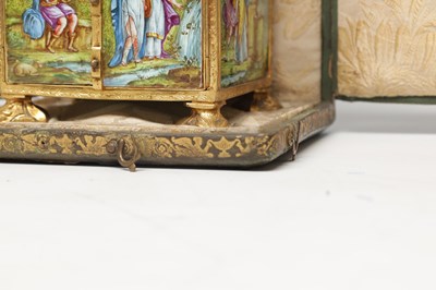 Lot 620 - A FINE AND RARE MID 19TH CENTURY VIENNESE ENAMEL AND ORMOLU MINIATURE CABINET IN ORIGINAL FITTED CASE
