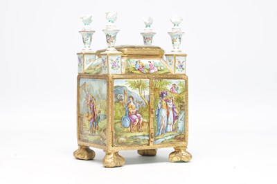 Lot 620 - A FINE AND RARE MID 19TH CENTURY VIENNESE ENAMEL AND ORMOLU MINIATURE CABINET IN ORIGINAL FITTED CASE