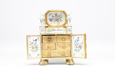 Lot 620 - A FINE AND RARE MID 19TH CENTURY VIENNESE ENAMEL AND ORMOLU MINIATURE CABINET IN ORIGINAL FITTED CASE