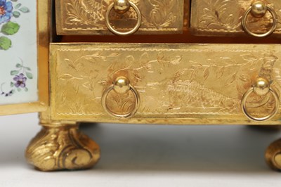 Lot 620 - A FINE AND RARE MID 19TH CENTURY VIENNESE ENAMEL AND ORMOLU MINIATURE CABINET IN ORIGINAL FITTED CASE