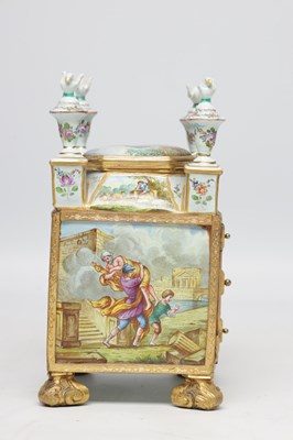 Lot 620 - A FINE AND RARE MID 19TH CENTURY VIENNESE ENAMEL AND ORMOLU MINIATURE CABINET IN ORIGINAL FITTED CASE
