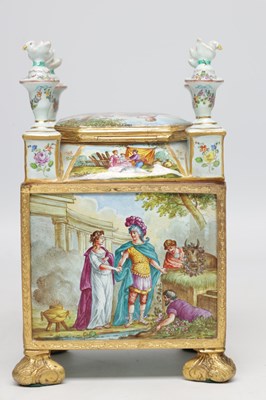 Lot 620 - A FINE AND RARE MID 19TH CENTURY VIENNESE ENAMEL AND ORMOLU MINIATURE CABINET IN ORIGINAL FITTED CASE