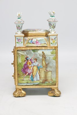 Lot 620 - A FINE AND RARE MID 19TH CENTURY VIENNESE ENAMEL AND ORMOLU MINIATURE CABINET IN ORIGINAL FITTED CASE