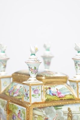 Lot 620 - A FINE AND RARE MID 19TH CENTURY VIENNESE ENAMEL AND ORMOLU MINIATURE CABINET IN ORIGINAL FITTED CASE