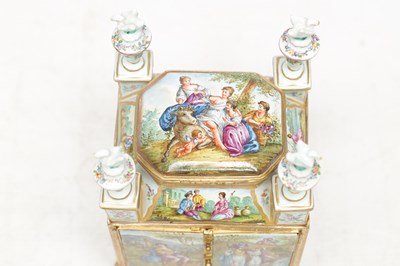 Lot 620 - A FINE AND RARE MID 19TH CENTURY VIENNESE ENAMEL AND ORMOLU MINIATURE CABINET IN ORIGINAL FITTED CASE