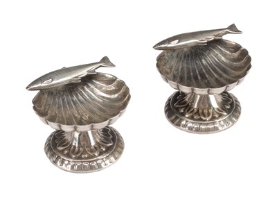 Lot 84 - A PAIR OF 19TH CENTURY SILVER SHELL-FORM SALTS WITH FISH FINIALS