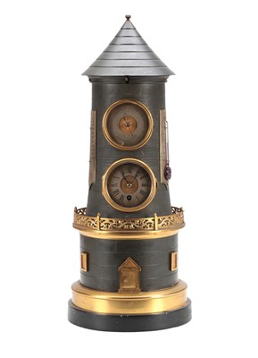 Lot 1279 - A LATE 19TH CENTURY FRENCH BRASS AND PATINATED METAL INDUSTRIAL AUTOMATON WINDMILL CLOCK WITH AN ANEROID BAROMETER