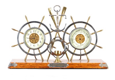Lot 1214 - AN EARLY 20TH CENTURY BRASS AND CHROMED METAL NAUTICAL CLOCK AND ANEROID BAROMETER DESK COMPENDIUM ON OAK BASE