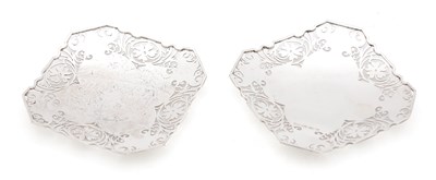 Lot 137 - A PAIR OF 1931 SHEFFIELD ENGLISH SILVER PIN TRAYS WITH ENGRAVED SCROLL BORDERS