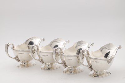 Lot 18 - A SET OF FOUR MID 20TH CENTURY ENGLISH SILVER SAUCE BOATS BY MAPPIN AND WEBB