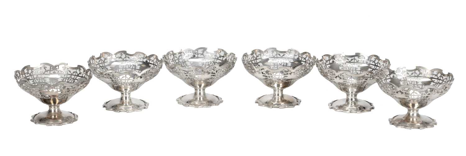 Lot 16 - A SET OF SIX MID 20TH CENTURY ENGLISH SILVER PIERCED BON-BON OR DESSERT DISHES