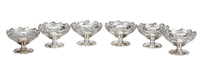 Lot 16 - A SET OF SIX MID 20TH CENTURY ENGLISH SILVER PIERCED BON-BON OR DESSERT DISHES