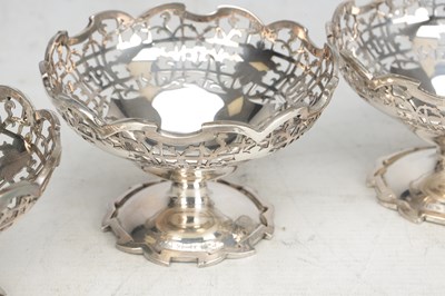 Lot 16 - A SET OF SIX MID 20TH CENTURY ENGLISH SILVER PIERCED BON-BON OR DESSERT DISHES