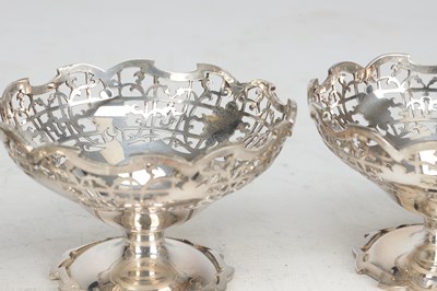 Lot 16 - A SET OF SIX MID 20TH CENTURY ENGLISH SILVER PIERCED BON-BON OR DESSERT DISHES