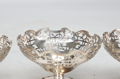 Lot 16 - A SET OF SIX MID 20TH CENTURY ENGLISH SILVER PIERCED BON-BON OR DESSERT DISHES