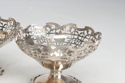 Lot 16 - A SET OF SIX MID 20TH CENTURY ENGLISH SILVER PIERCED BON-BON OR DESSERT DISHES