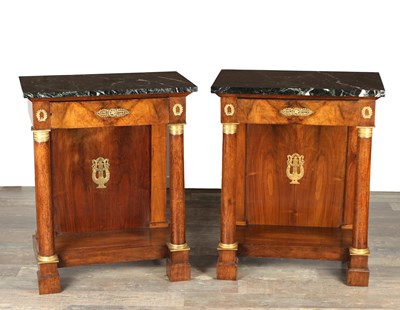 Lot 1489 - A PAIR OF EARLY 19TH CENTURY FRENCH ORMOLU MOUNTED MAHOGANY CONSOLE TABLES