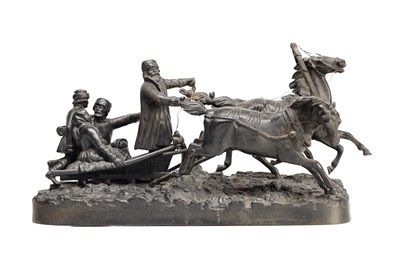 Lot 1054 - A MID 20TH CENTURY RUSSIAN PATINATED BRONZE TROIKA GROUP