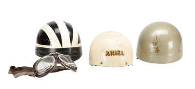 Lot 1475 - A COLLECTION OF THREE VINTAGE MOTORCYCLE HELMETS AND A PAIR OF GOGGLES