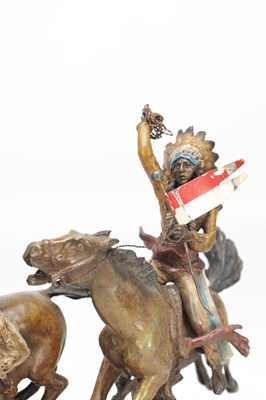 Lot 1097 - CARL KAUBA (AUSTRIAN, 1865-1922) A LARGE COLD PAINTED BRONZE FIGURAL GROUP OF NATIVE AMERICAN WARRIORS ON HORSEBACK